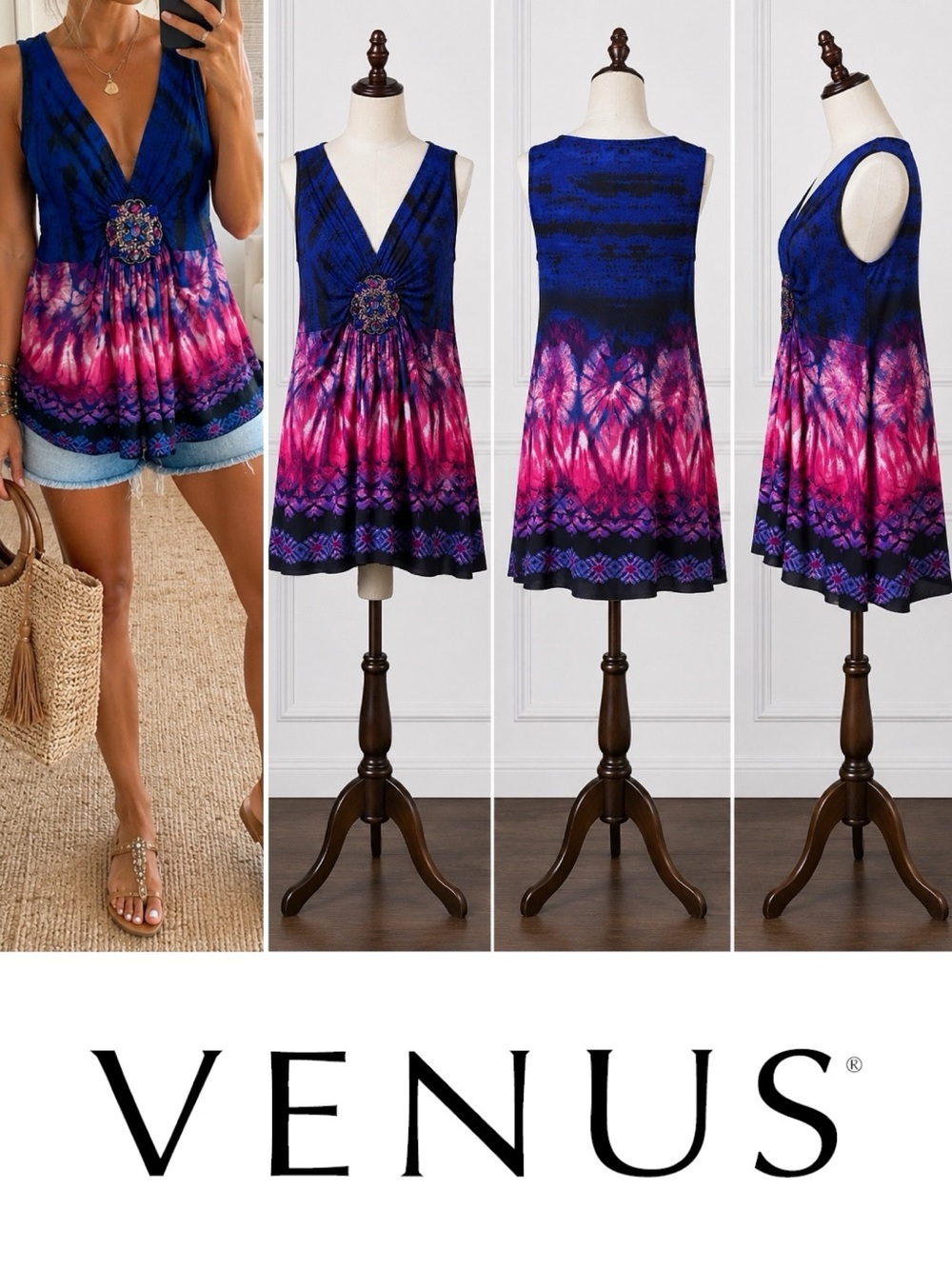 VENUS | NWOT Blue Pink Abstract Floral Tie-Dye V-Neck Resort Tunic Top (sz S)